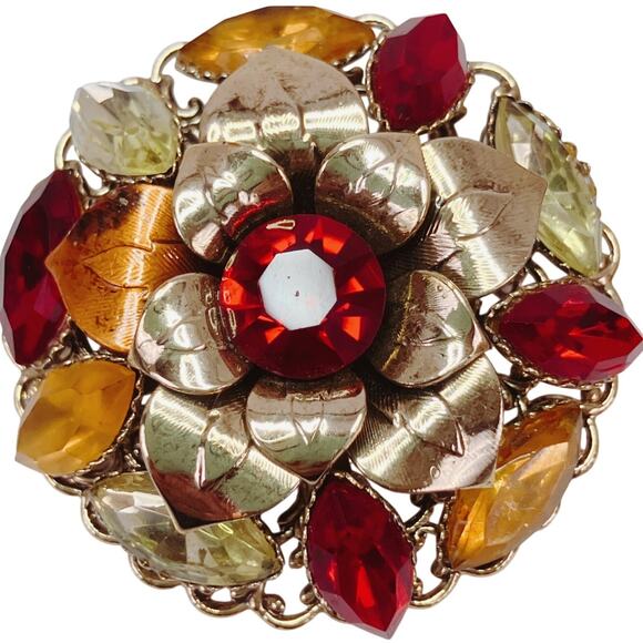 VTG 50s Mid Century Glass Floral Gold Tone Layered Rhinestone Brooch Red Orange - Picture 1 of 12